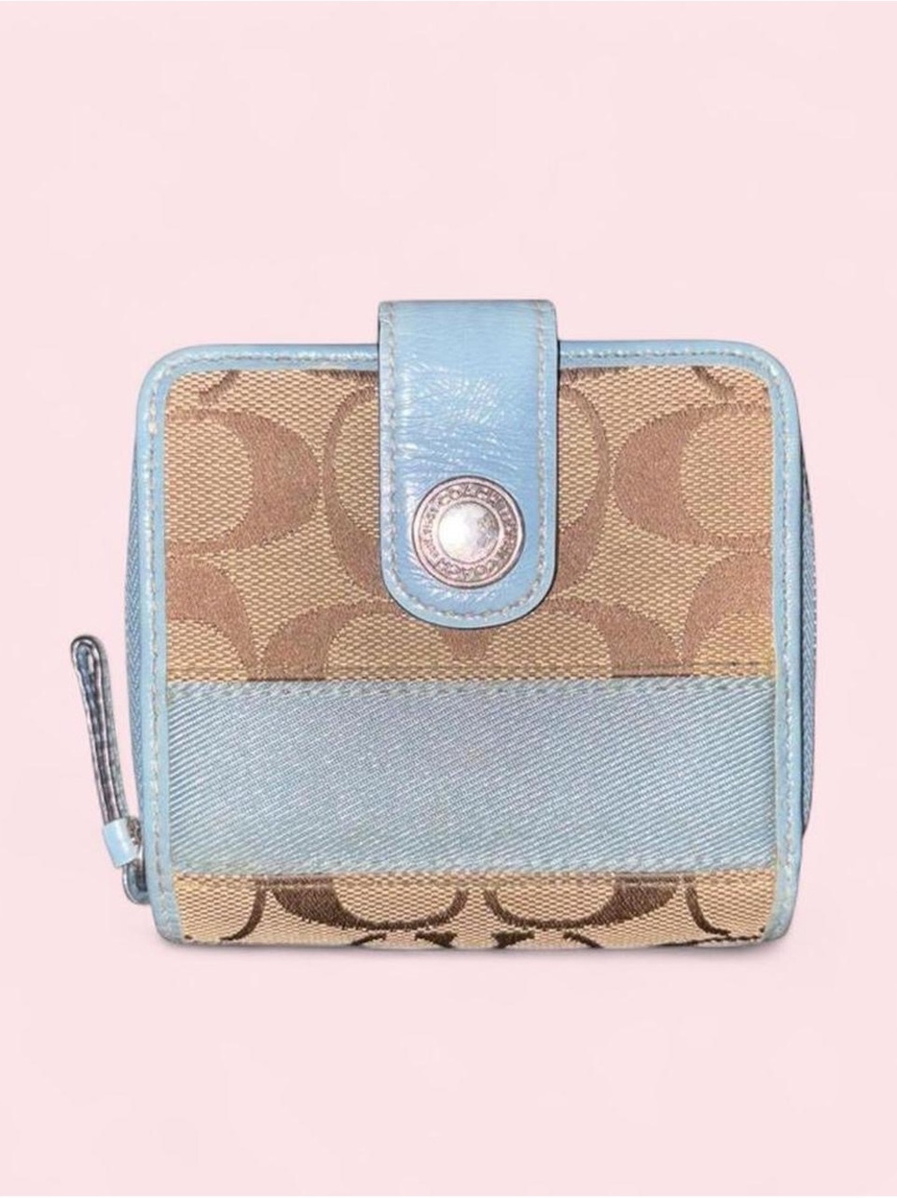 Coach Tan Signature Canvas Wallet with Light Blue Trim
